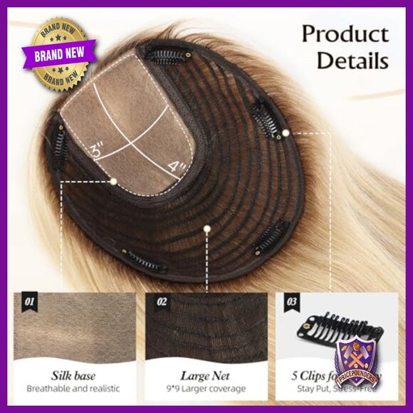 9x9 Human Hair Topper 16in 150% Density Non-Slip Clips for Thin Hair main image 6